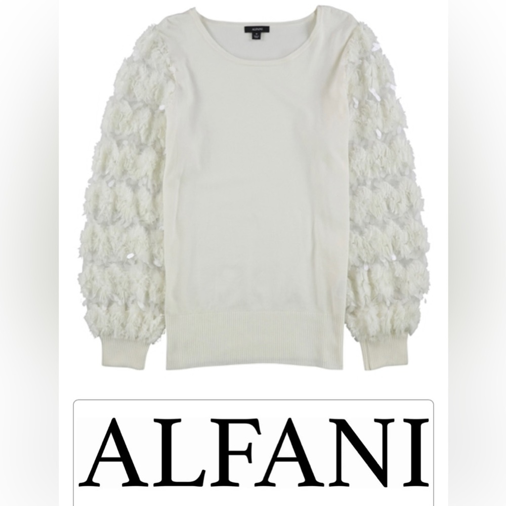 Alfani Mesh Embellished Pullover Sweater Scoop Neck Petal Sleeve M